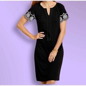 Talbots Dress Plus Size X 12 Black White Embroidered Sleeve Knit Shift Boho